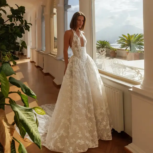 Lace Deep V-Neck Halter Ball Gown with Train — SW185