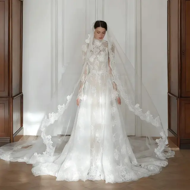 Lace High Neck Long Sleeve with Cathedral Veil Wedding Dress — SW277