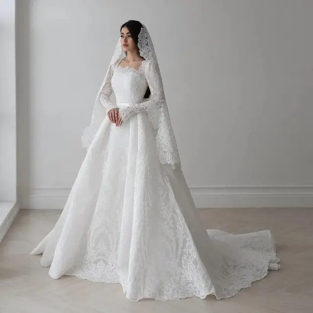 Lace Long Sleeve Square Neck with Veil Wedding Dress — SW533