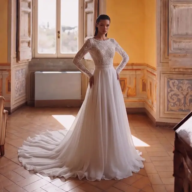 Long Sleeve Lace with Removable Chiffon Overlay Wedding Dress — SW714