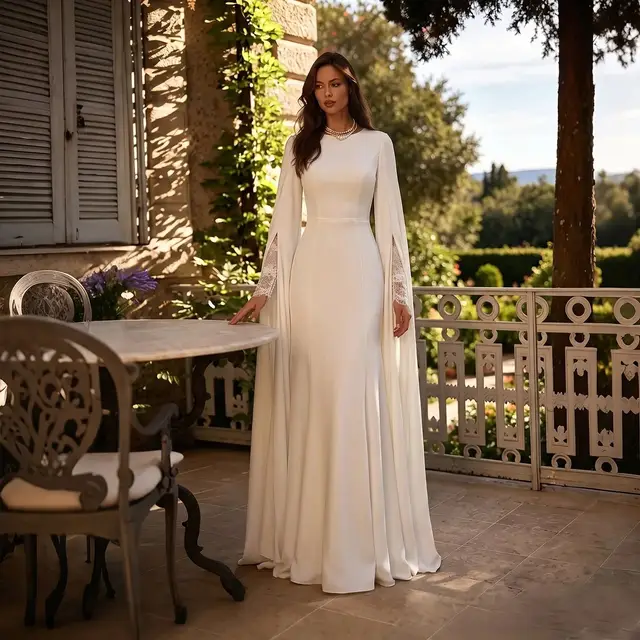 Minimalist Modest Mermaid Beaded Satin Sweep Train Wedding Dress — SW513