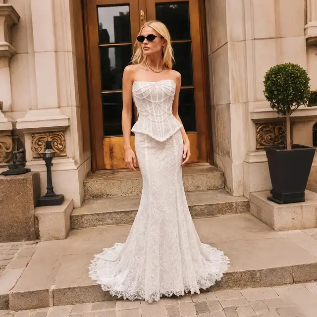Nude Mermaid Beaded Chain Detailing With Lace Train Wedding Dress — SW626