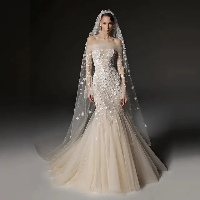 Off-the-Shoulder Beaded Floral Mermaid with Veil Wedding Dress — SW670