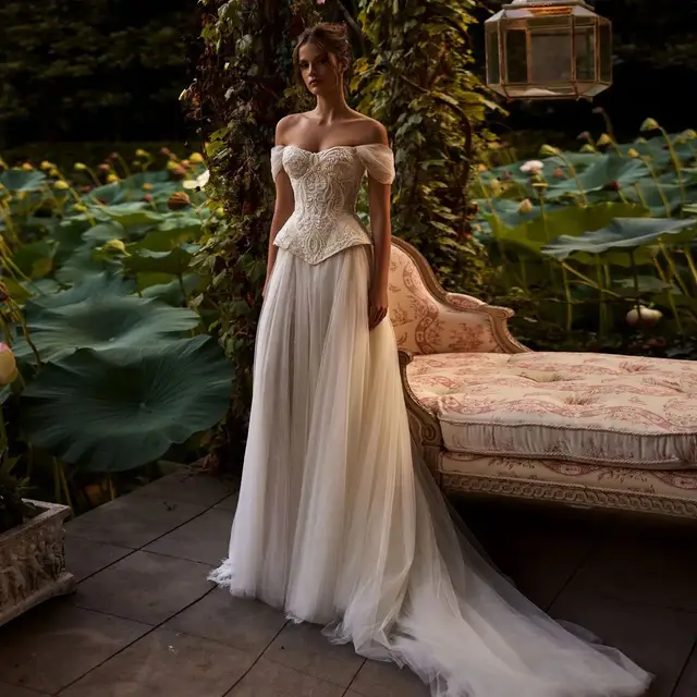 Off-the-Shoulder Lace Corset Tulle Train Wedding Dress — SW126