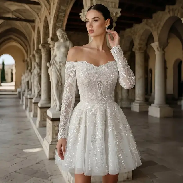 Off-the-Shoulder Lace Short Wedding Dress — SW723