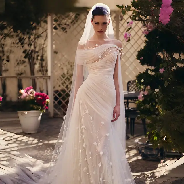 Off-the-Shoulder Ruched 3D Floral with Veil Wedding Dress — SW233