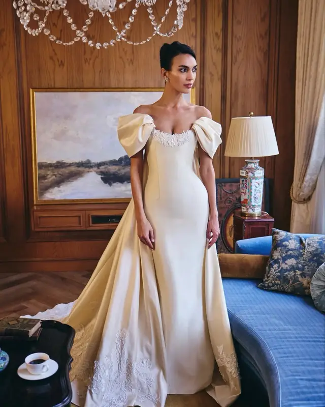 Off-the-Shoulder Satin with Puff Sleeves Wedding Dress — SW230