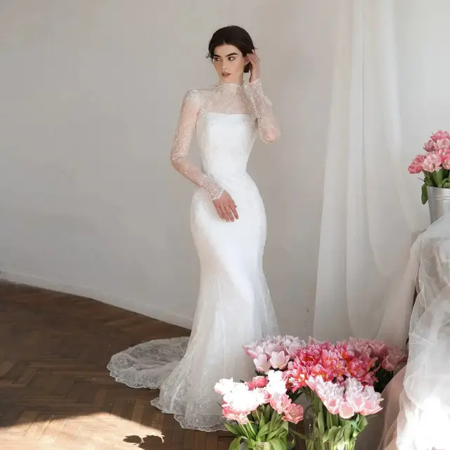 Printed Crystal Sheer Lace Mermaid Wedding Dress — SW539