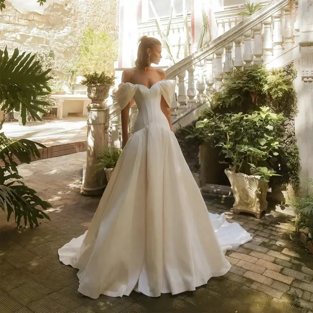 Satin Off-the-Shoulder Puff Sleeve Ball Gown — SW192