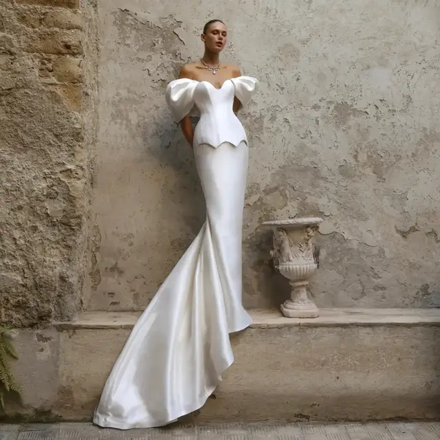 Satin Off-the-Shoulder Puff Sleeve Mermaid Wedding Dress — SW178