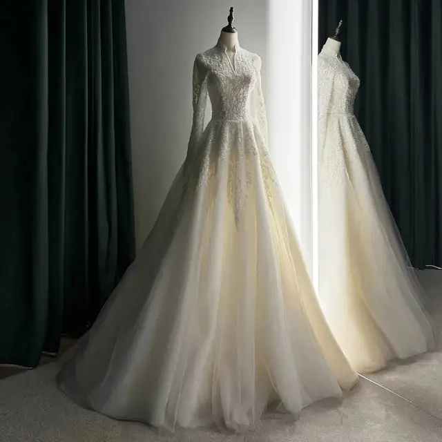 Sequin Pearl Long Sleeve Ball Gown — SW518