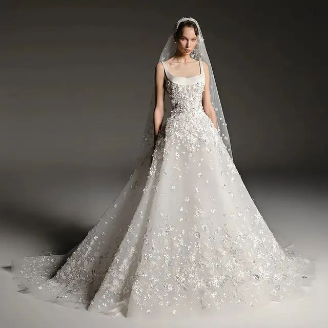 Square Neck Beaded Floral Lace Ball Gown with Veil — SW666