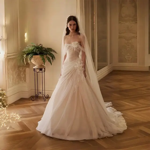 Strapless 3D Floral Draped with Veil Wedding Dress — SW232