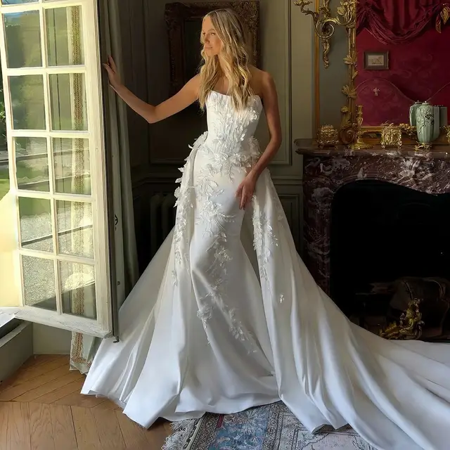 Strapless 3D Floral Lace Mermaid with Overskirt Wedding Dress — SW222