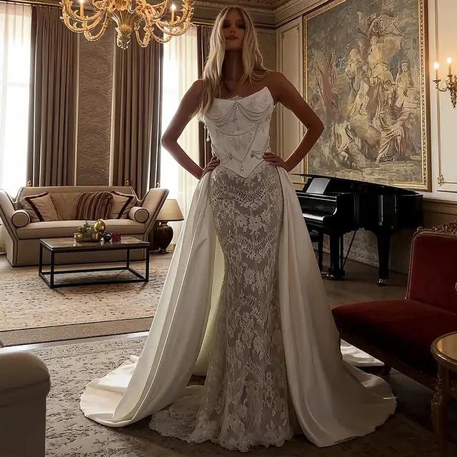 Strapless Beaded Corset Lace Mermaid with Overskirt Wedding Dress — SW218