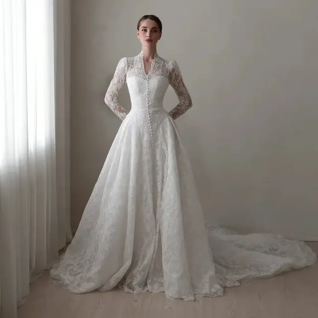 Vintag Lace High Neck Long Sleeve A-Line with Train Wedding Dress — SW272