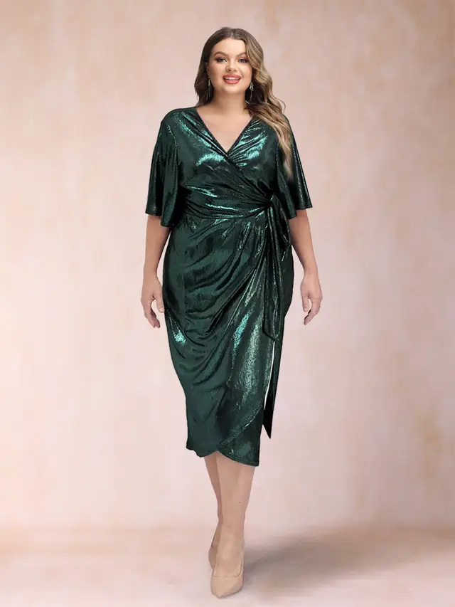 Tulip Crossover V-Neck Short Sleeves Ruched Evening Dresses with Belt