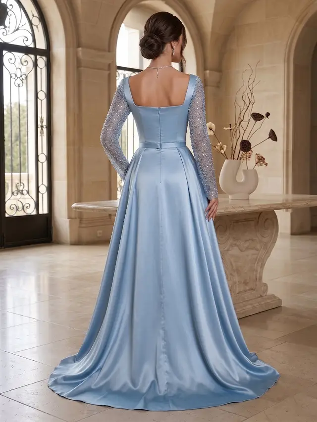 Sheath/Column Square Neck Long Sleeves Floor-Length Evening Dresses with Sequins & Beading