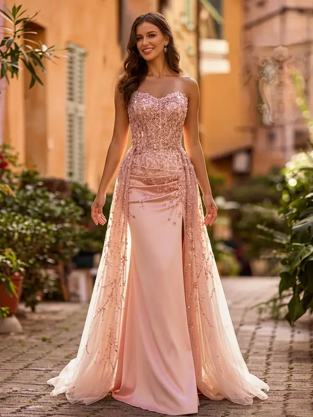 Trumpet/Mermaid Strapless Sweetheart Long Prom Dresses with Beading & Embroidery