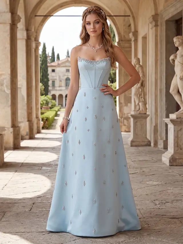 A-Line/Princess Strapless Sleeveless Floor-Length Evening Dresses with Embroidery & Rhinestone