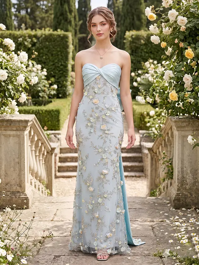 Sheath/Column Strapless Sleeveless Floor-Length Evening Dresses with Bowknot & 3D Floral