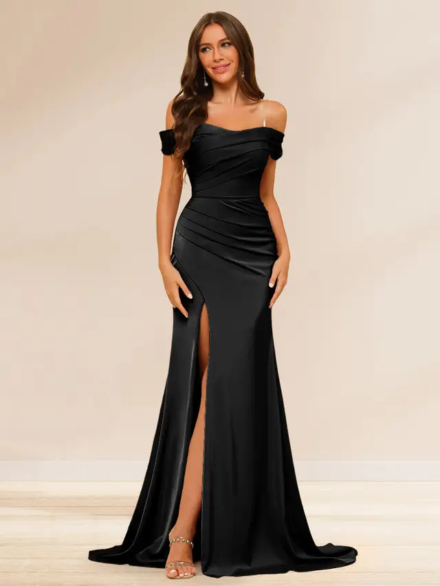 Sheath/Column Off-the-Shoulder Long Evening Dresses with Split Side & Ruched — LV37327362