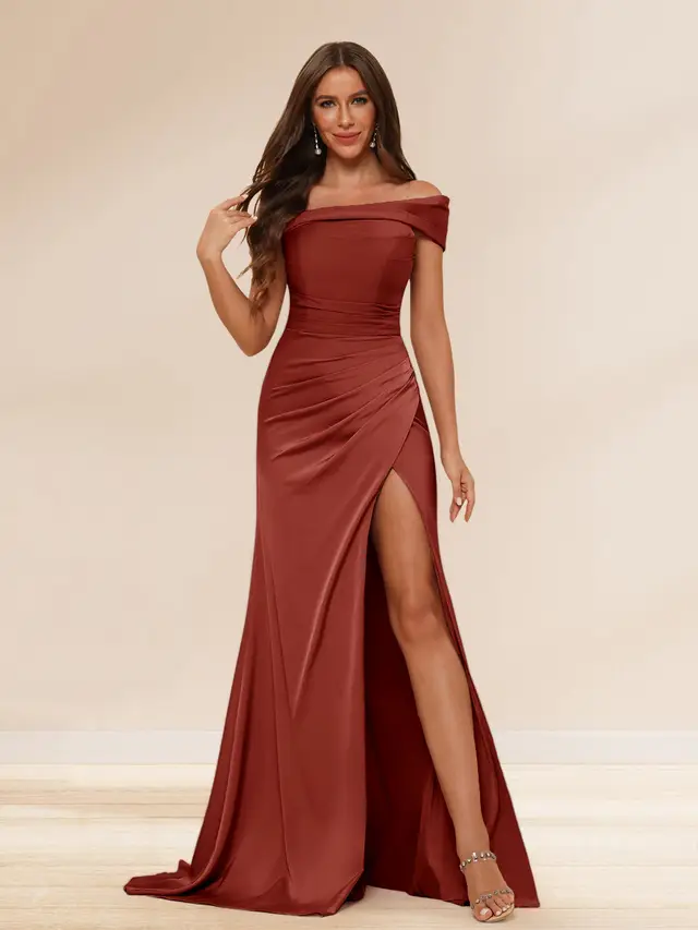 Sheath/Column Off-the-Shoulder Long Evening Dresses with Split Side & Ruched — LV52498946