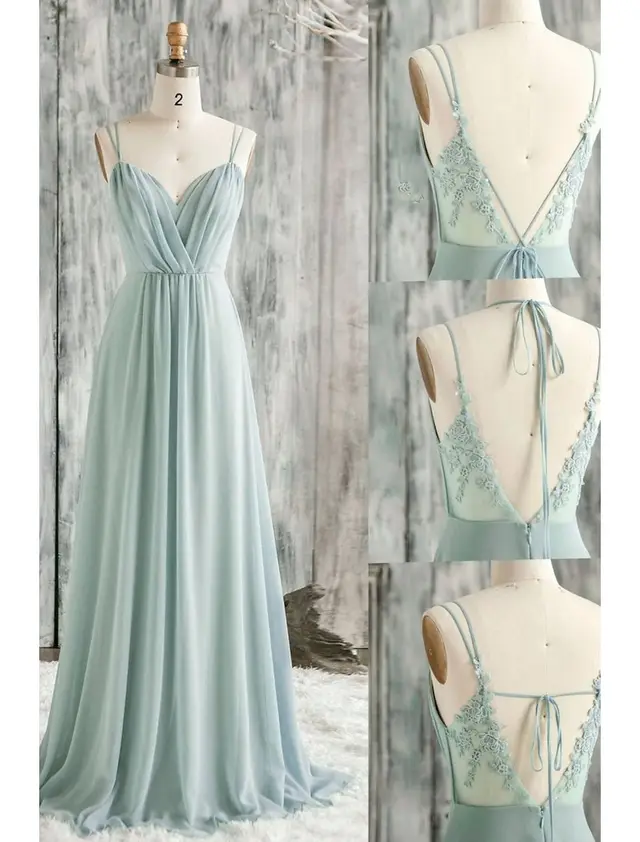 A-Line/Princess Spaghetti Straps Floor-length Long Bridesmaid Dresses — LV84975413