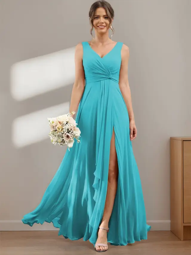 A-Line/Princess Chiffon V-Neck Sleeveless Floor-Length Bridesmaid Dresses