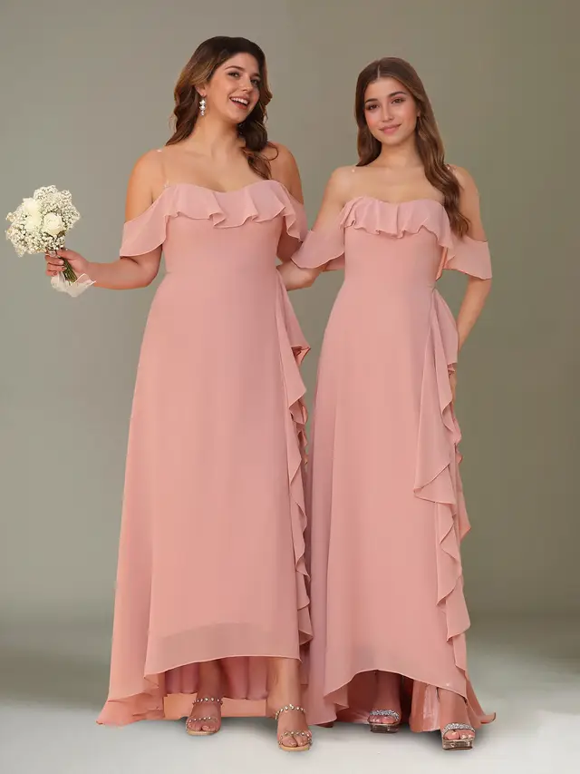 A-Line/Princess Off-the-Shoulder Asymmetrical Chiffon Bridesmaid Dresses with Ruffles