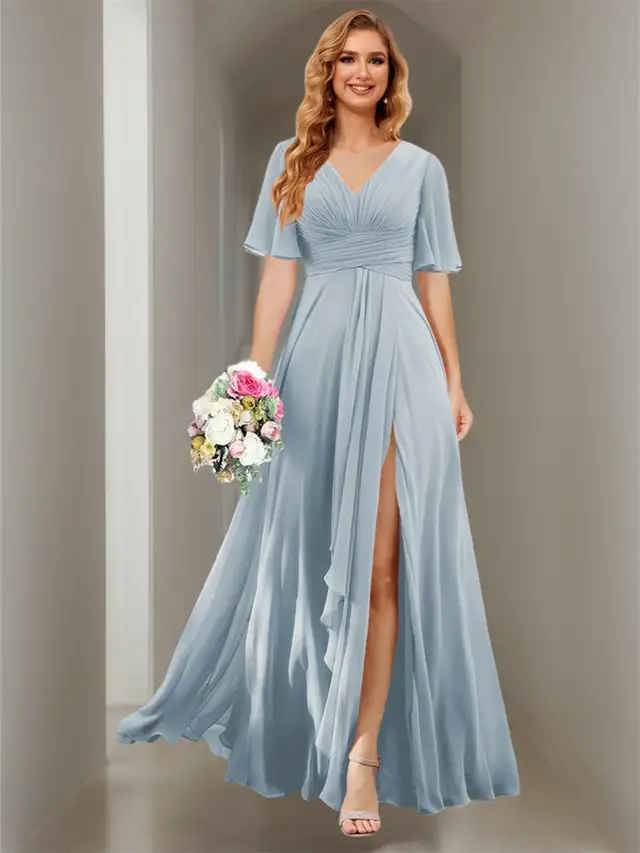 A-Line/Princess V Neck Short Sleeve Floor Length Bridesmaid Dresses Chiffon with Slit