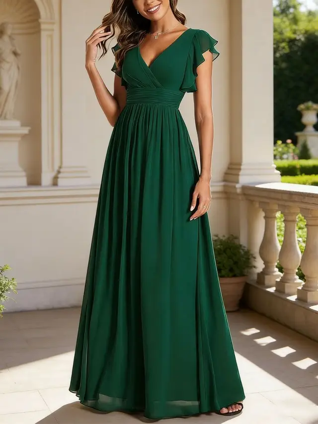 A-Line/Princess Chiffon V-Neck Bridesmaid Dresses with Ruffles Short Sleeves Floor-Length