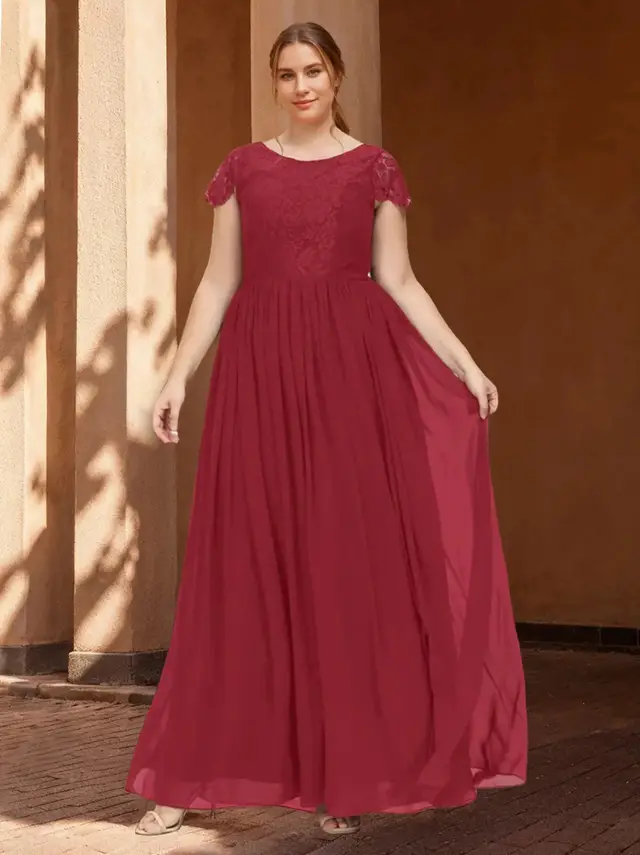 A-Line/Princess Scoop Neck Short Sleeves Floor-Length Plus Size Bridesmaid Dress With Embroidery