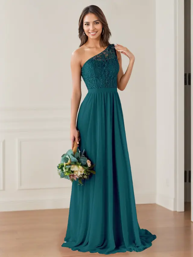 A-Line/Princess One-Shoulder Sleeveless Floor-Length Bridesmaid Dresses with Lace,Beaded & Embroidered