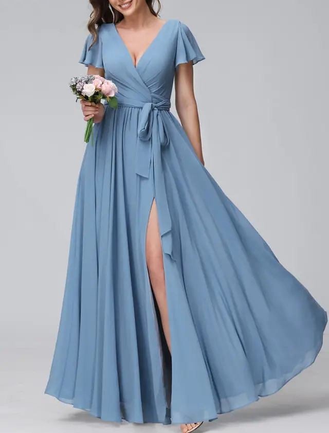 A-Line/Princess V-Neck Floor-length Long Bridesmaid Dresses — LV04891957