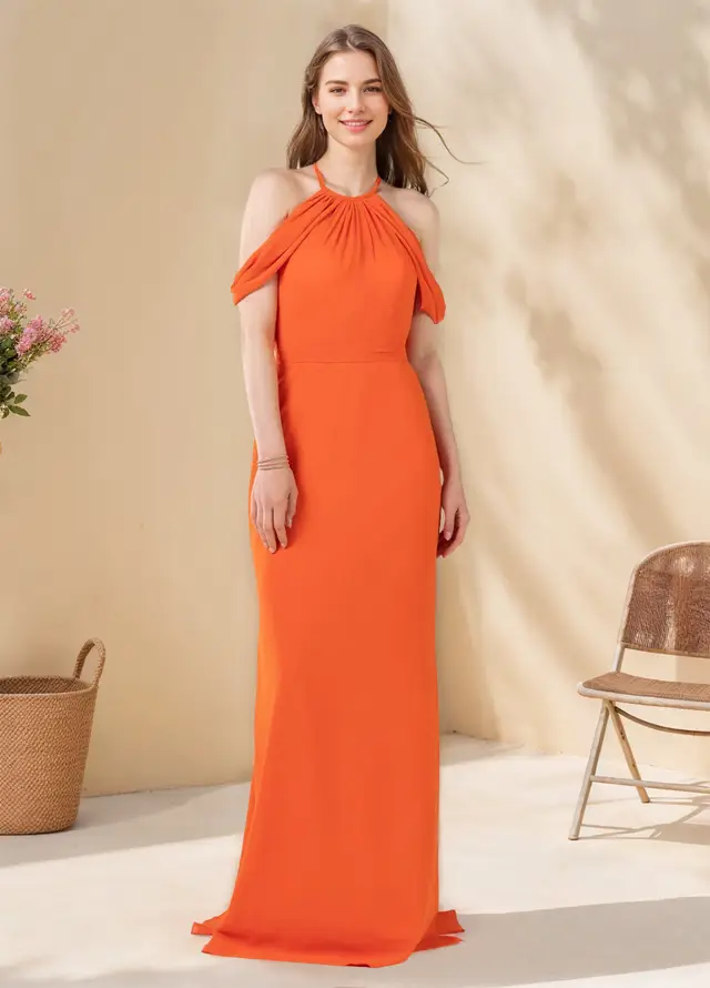 A-Line/Princess Halter Neck Sleeveless Floor-Length Bridesmaid Dresses with Ruffles