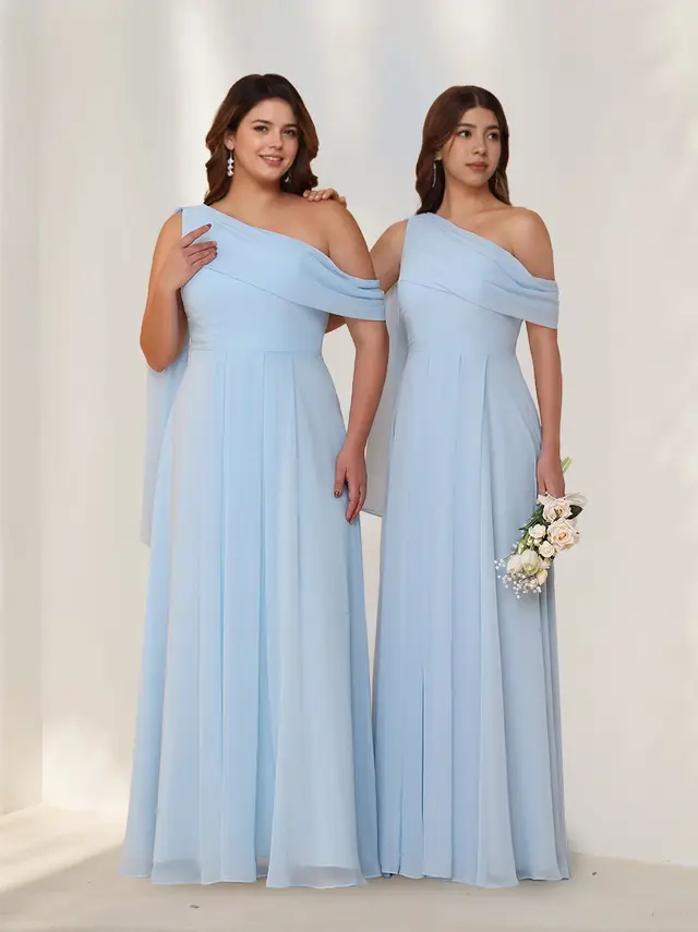 A-Line/Princess One-Shoulder Sleeveless Floor-Length Chiffon Plus Size Bridesmaid Dresses with Watteau Train
