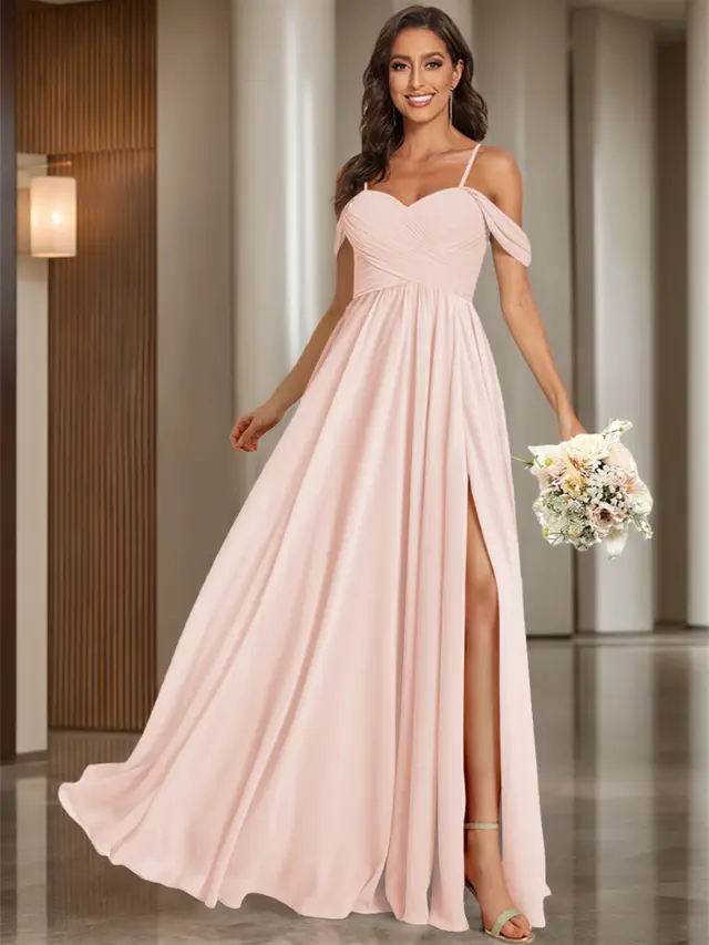 A-Line/Princess Off Shoulder Sweetheart Sleeveless Floor Length Bridesmaid Dresses Chiffon with Pockets Slit