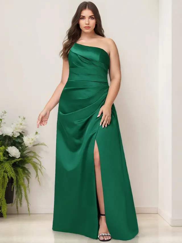 A-Line/Princess One-Shoulder Sleeveless Floor-Length Stretch Satin Plus Size Bridesmaid Dress With Ruffles & Split Side