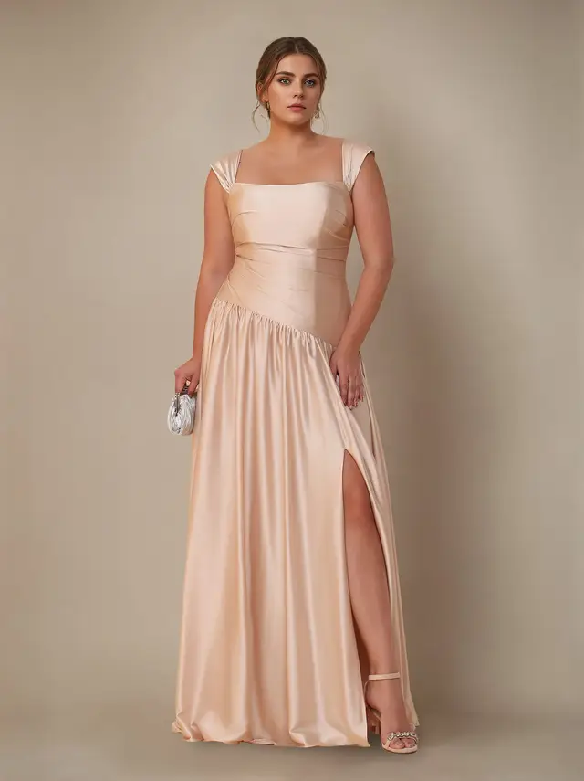 A-Line/Princess Off-the-Shoulder Sleeveless Floor-Length Silk Satin Plus Size Bridesmaid Dresses with Pleated & Split Si