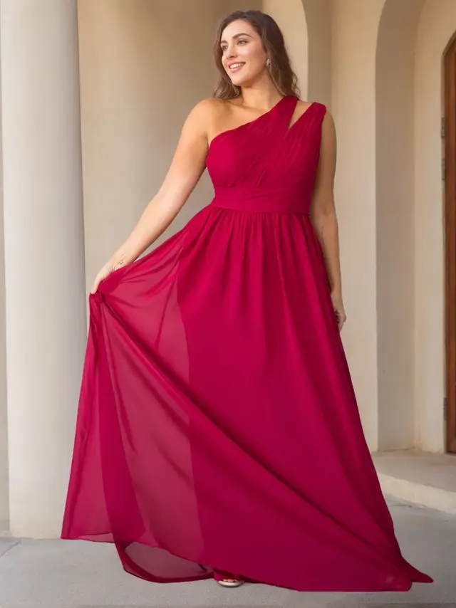 A-Line/Princess One-Shoulder Sleeveless Floor-Length Unique Plus Size Bridesmaid Dress With Ruffles — LV47649077