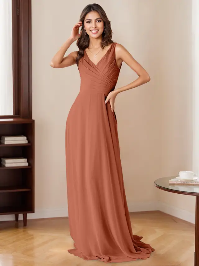 A-Line/Princess V-Neck Sleeveless Floor-Length Bridesmaid Dresses with Ruffles — LV15096373