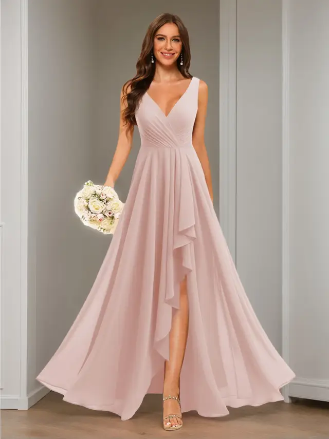 A-Line/Princess V Neck Sleeveless Floor Length Bridesmaid Dresses Chiffon with Slit Pockets