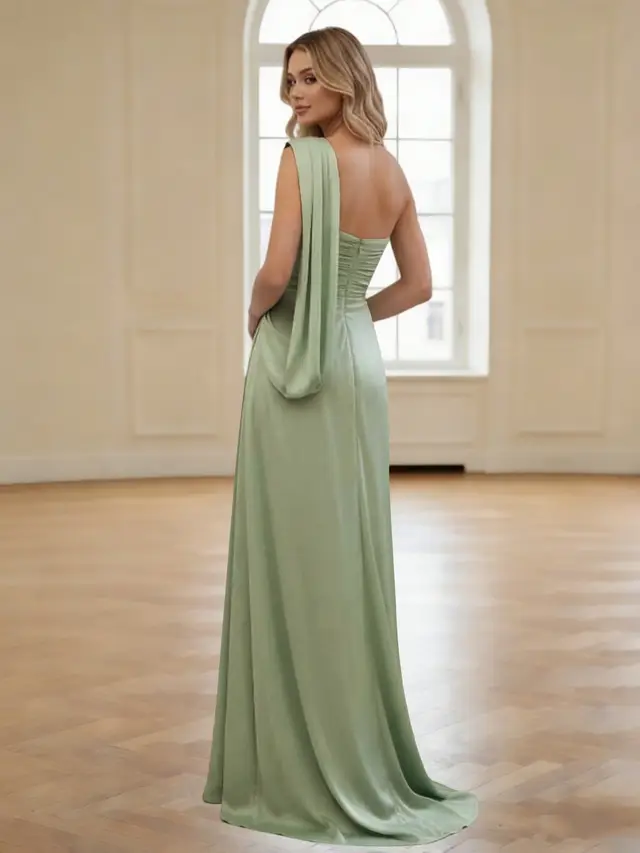 Sheath/Column One-Shoulder Silk Satin Bridesmaid Dresses Sleeveless Floor-Length Ruched