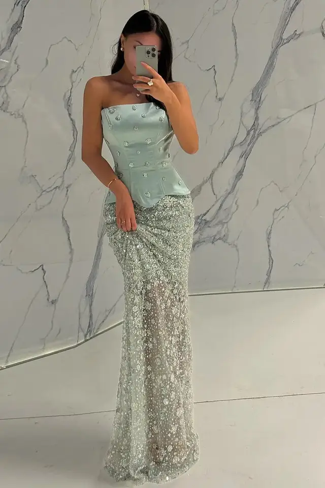 Women's Satin Evening Gown with Floral Details and Corset Bodice for Formal Evening Events