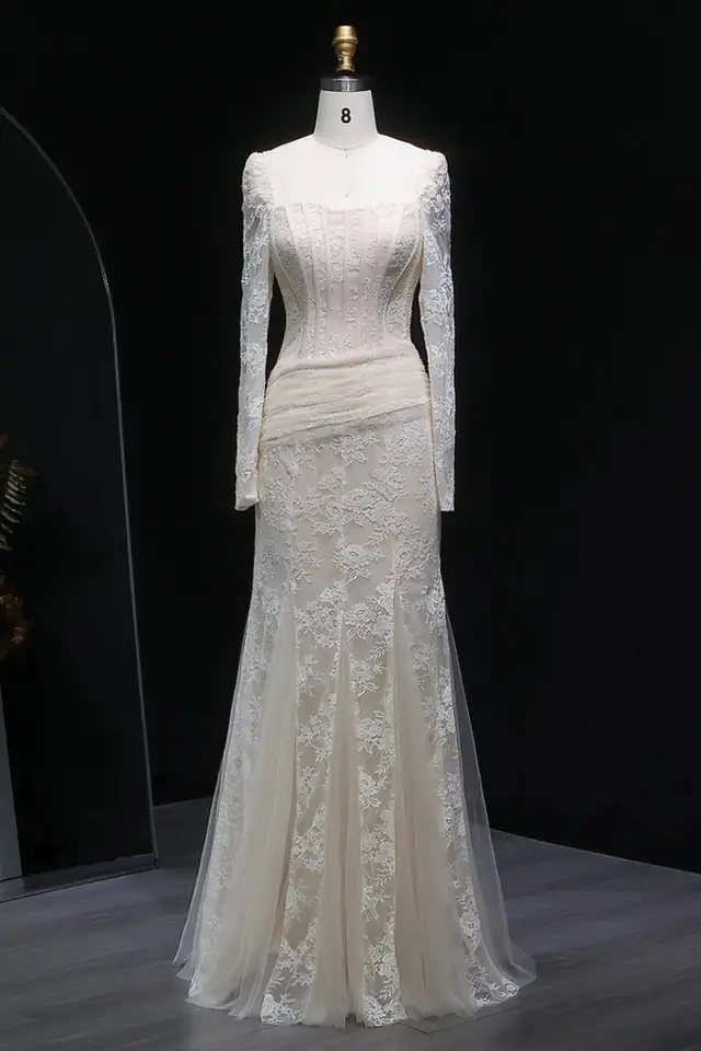 Women's Square Neck Long Sleeve Lace Evening Gown for Formal Evening Events