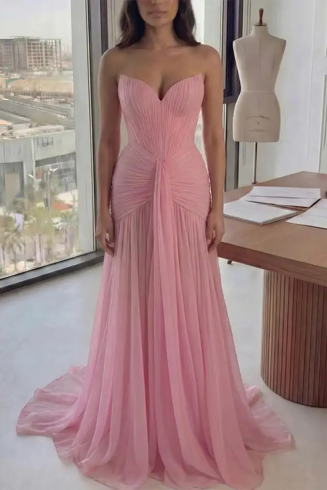 Women's Strapless Chiffon Evening Gown with Pleated Accents for Formal Evening Events