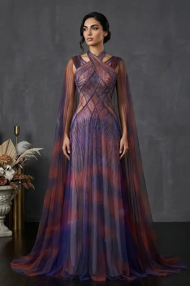 Women's Tulle Evening Gown with Sheer Panels for Formal Evening Events