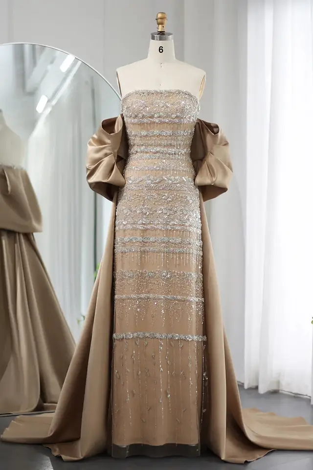 Women's Strapless Satin Evening Gown with Cape Sleeves for Formal Evening Events