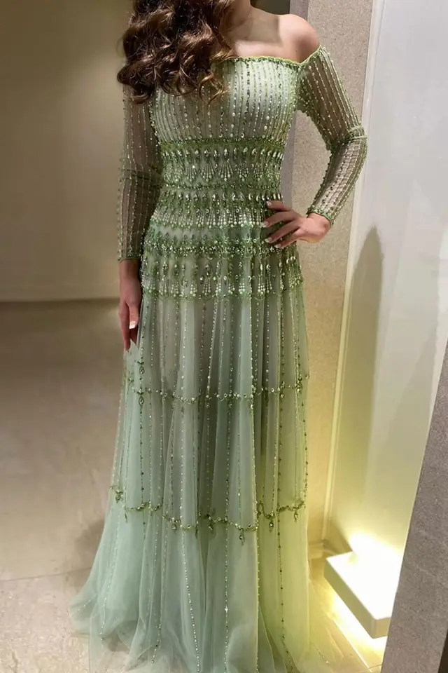 Maeve — A-Line — Off-the-Shoulder — Long Sleeve — Floor-Length — Evening Gown